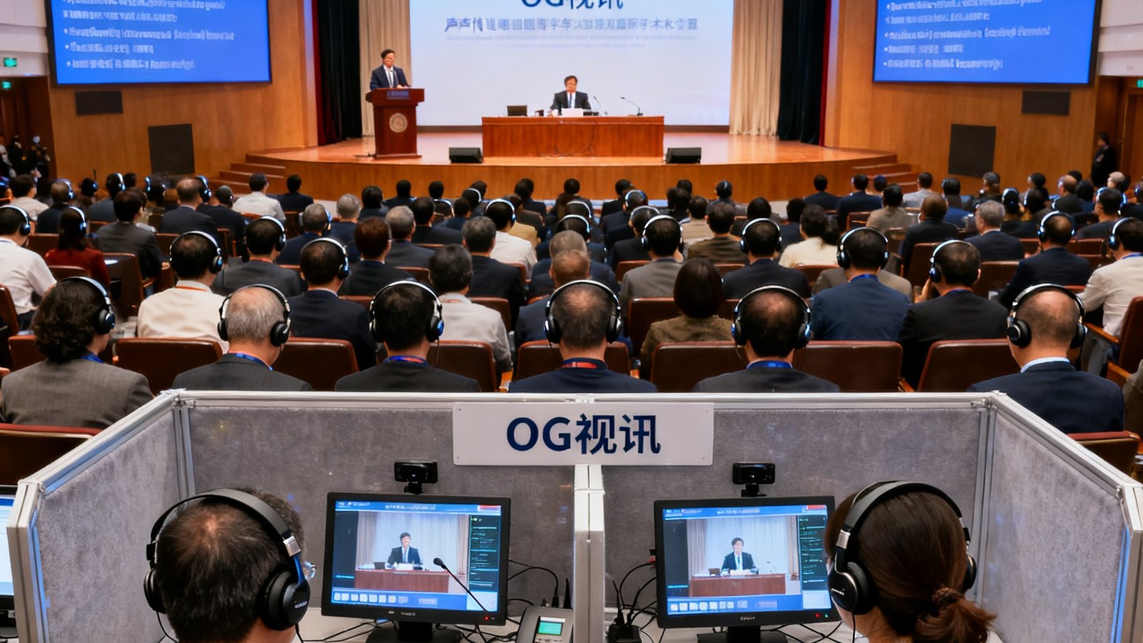 一间大型国际学术会议厅，主席台上演讲者正在发言，台下数百位参会者佩戴OG视讯同声传译耳机，会场两侧大屏幕显示多语种实时字幕，传译员在隔音间内通过OG视讯终端工作。