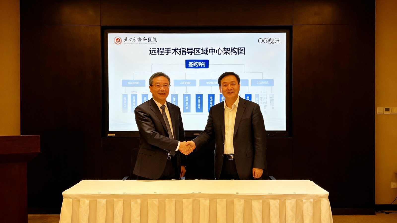 OG视讯与北京协和医院战略合作签约仪式现场照片，双方代表在深色背景的签约台前握手，背景显示屏展示着远程手术指导区域中心架构图。