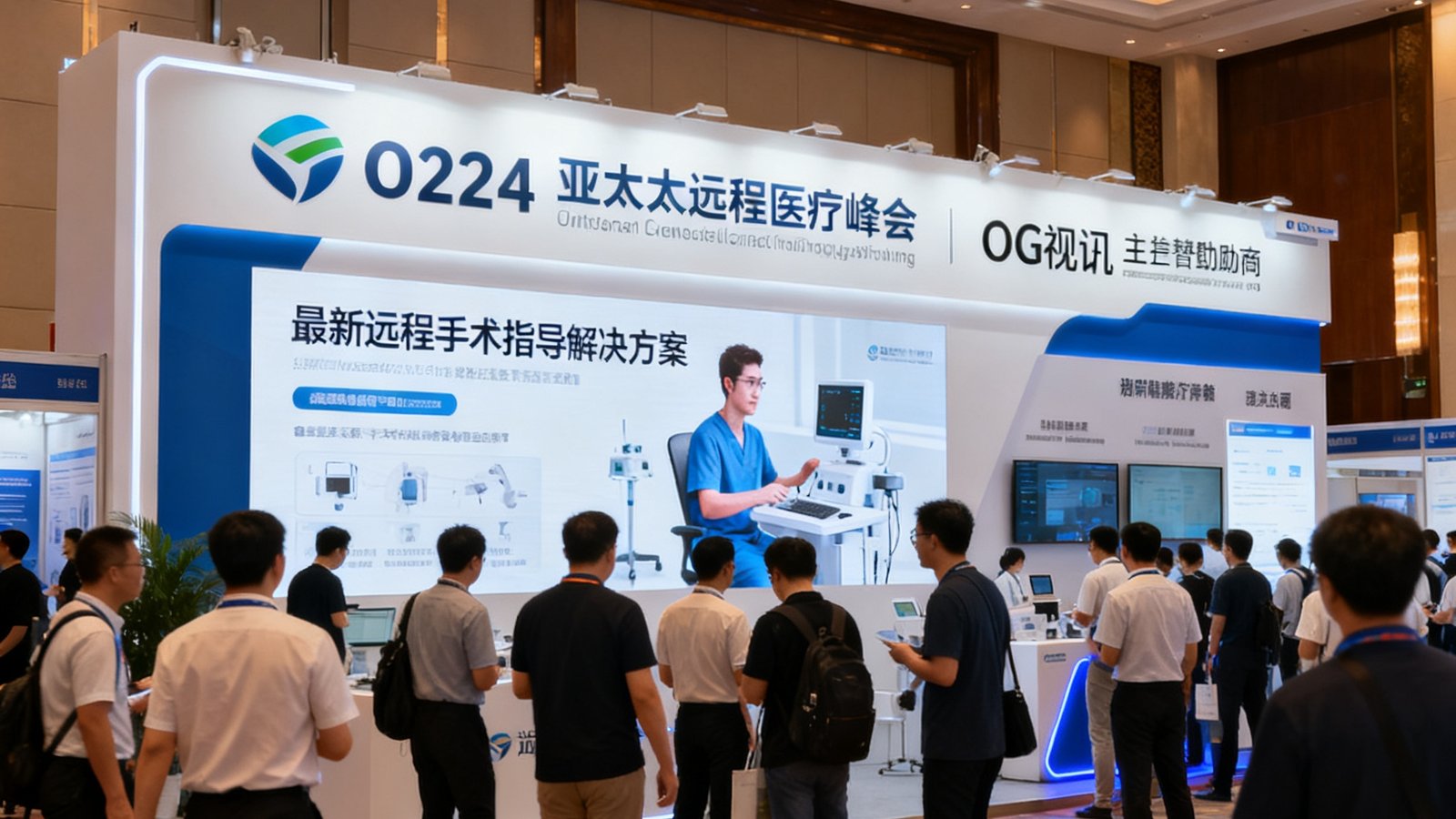 2025年亚太远程医疗峰会主会场全景照片，OG视讯作为主赞助商的展台前人潮涌动，展板上展示着最新远程手术指导解决方案。
