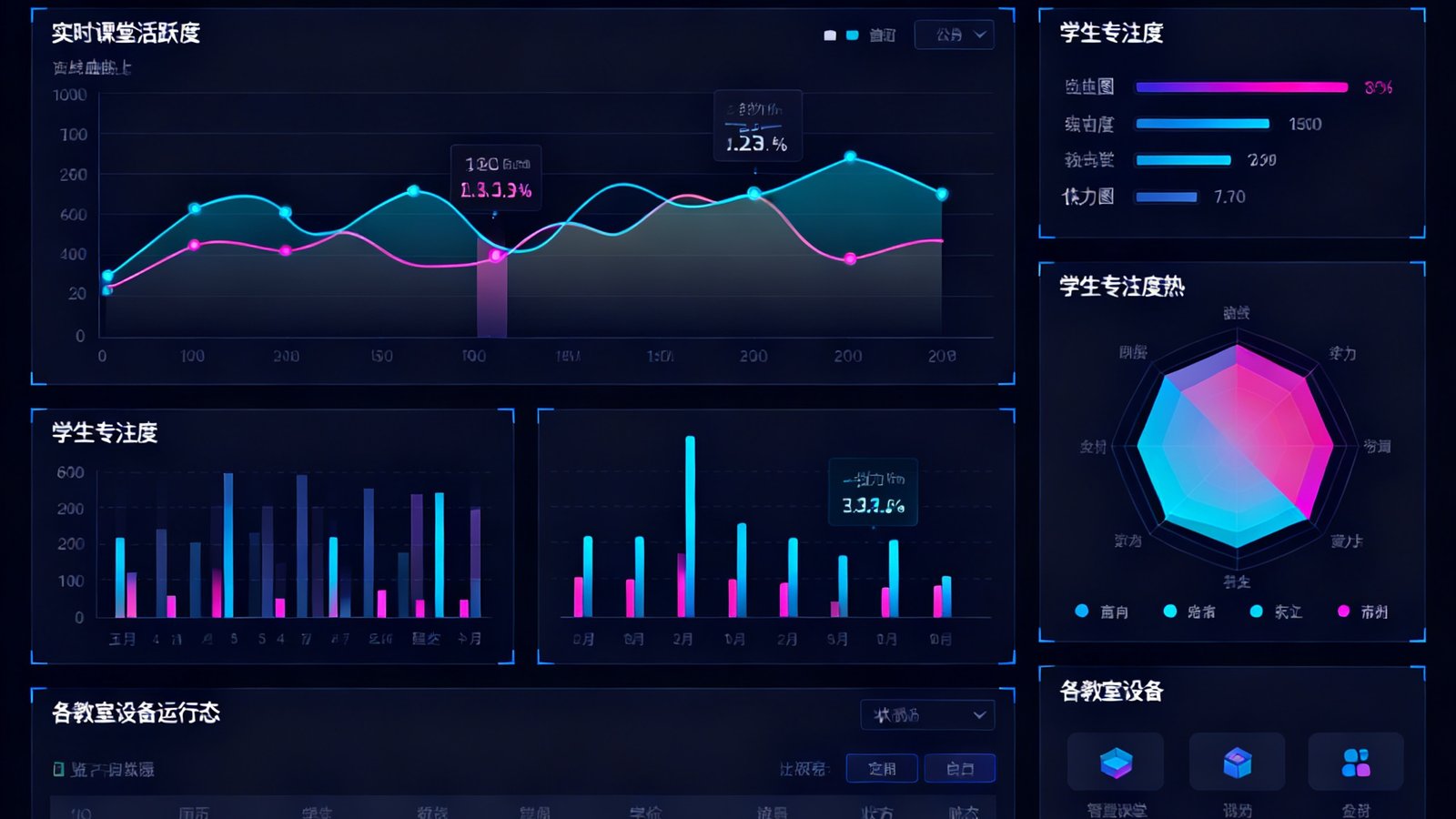 OG视讯智慧课堂后台数据面板截图，显示实时课堂活跃度曲线、学生专注度热力图、以及各教室设备运行状态一览，界面采用深色主题配霓虹色数据图表。